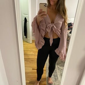 Sexy pink tie front top with ruffled sleeves!